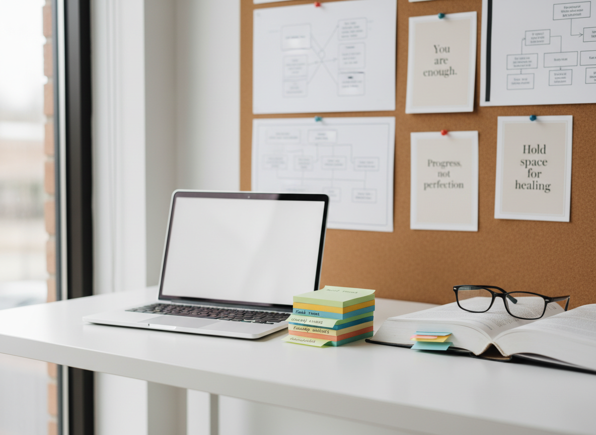 A modern workspace dedicated to trauma-informed mental health practice: a clean white desk with a slim laptop open to a blank presentation slide, next to color-coded sticky notes labeled with topics like “racial trauma,” “equity,” and “leadership wellness” in neat handwriting. A pair of simple black-framed reading glasses rests atop a well-used, tabbed reference book on trauma-informed care. The background reveals a softly blurred corkboard with pinned diagrams and uplifting, neutral-toned affirmation cards. Illuminated by diffused overcast light from a nearby window, the scene feels focused yet gentle. Captured at an eye-level angle in photographic realism with balanced composition, the atmosphere is professional, organized, and quietly empowering—ideal for representing a seasoned educator and speaker preparing thoughtful content.