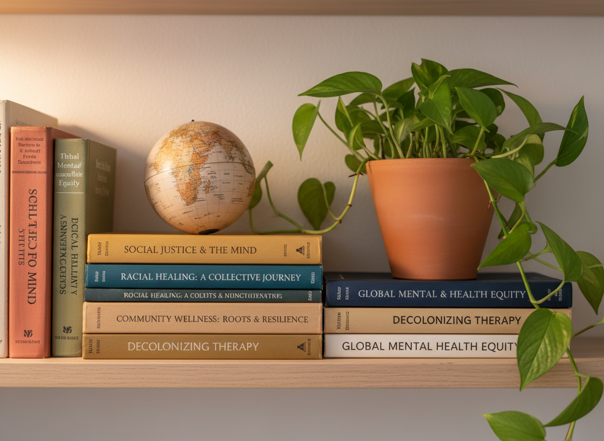 An inviting bookshelf vignette highlighting culturally responsive mental health work: several worn-but-cared-for hardback books with diverse spines in earthy tones, their titles suggesting themes of social justice, racial healing, and community wellness, arranged upright with a few horizontal stacks. A small, unbranded globe with a matte finish and warm neutral colors sits among the books, symbolizing global equity. A minimalist clay pot holds a thriving green plant, its leaves spilling gently across the shelf. Soft, warm ambient lighting from a nearby lamp creates gentle gradients of light and shadow across the book spines and plant leaves. Photographic realism, shot straight-on with a medium depth of field, produces a calm, thoughtful mood and a clean, contemporary aesthetic that underscores mental health equity and cultural responsiveness.
