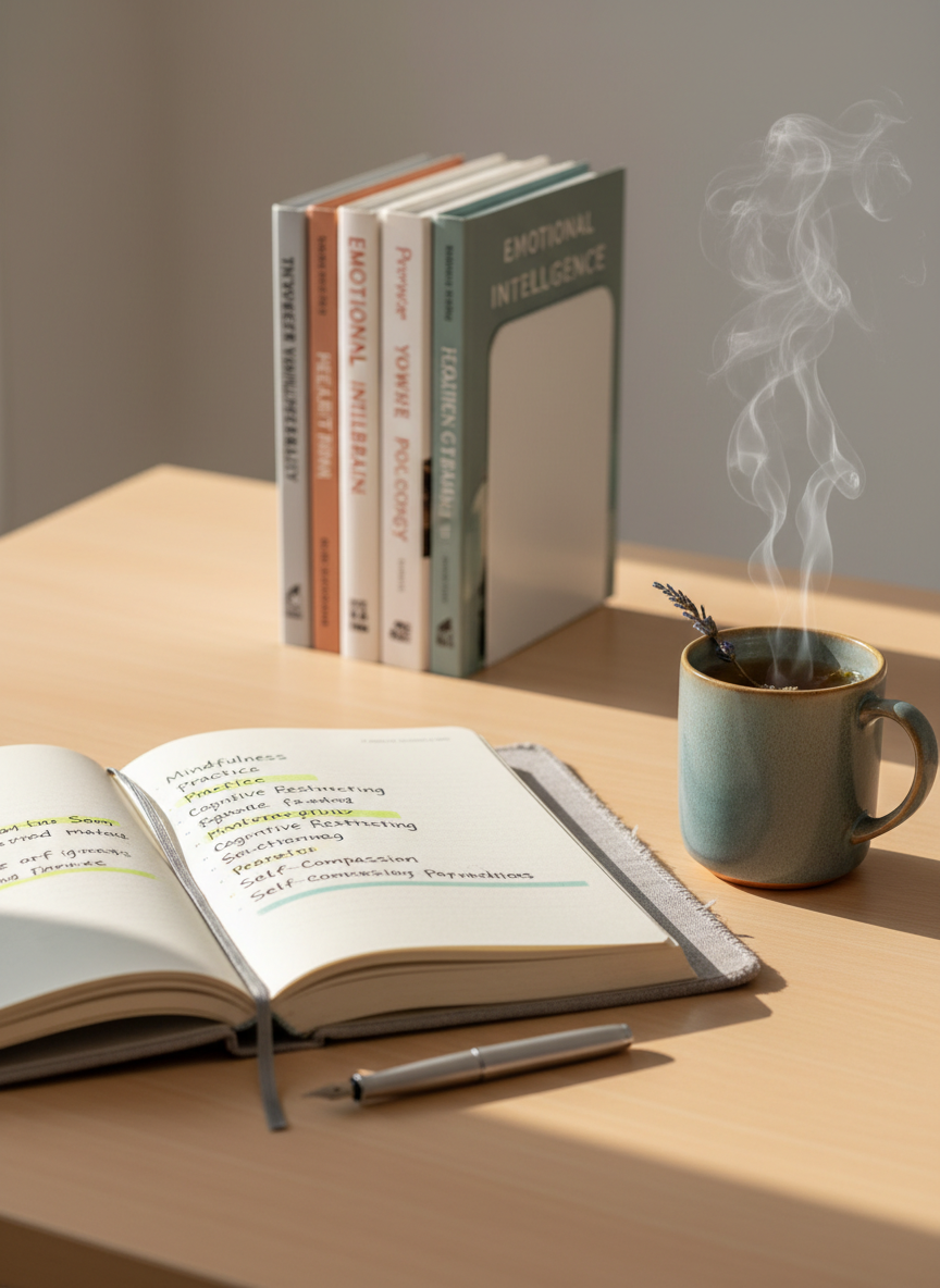 A serene desktop scene featuring an open linen-textured journal with a soft gray fabric cover, its pages filled with neatly highlighted notes on emotional wellness, resting on a smooth light-wood desk. Beside it sits a matte ceramic mug of herbal tea, steam rising gently. In the background, a small stack of diverse psychology and mental health books leans against a simple, unbranded bookend. Soft natural daylight filters through an unseen window, casting diffused, warm light and subtle shadows that create a calm, inviting atmosphere. Photographic realism at eye-level, with the journal in crisp focus and the books slightly blurred, conveying a clean, modern, professional aesthetic suitable for a mental health expert’s homepage hero image.