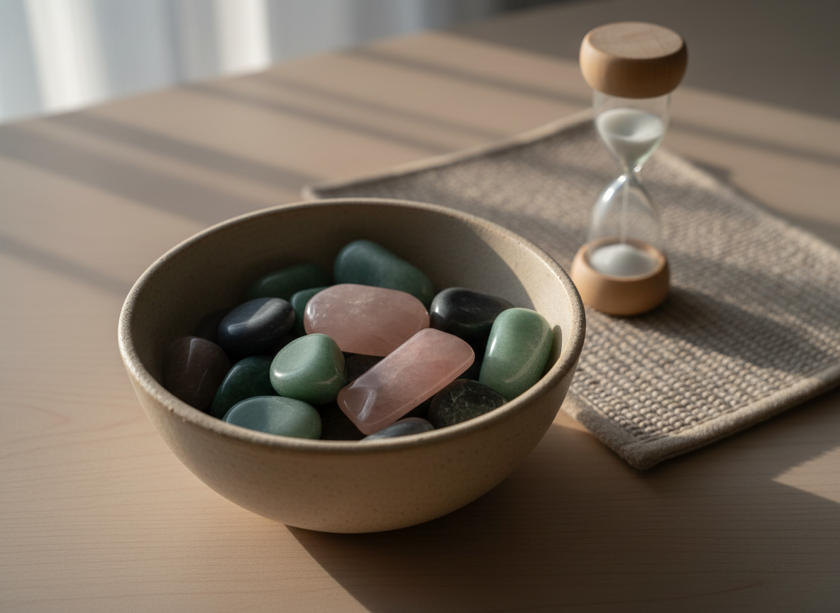 A tranquil still life focused on emotional regulation tools: a smooth, sand-colored ceramic bowl filled with polished worry stones in shades of slate gray, jade green, and rose quartz, each subtly reflecting light. Nearby lies a soft, woven grounding mat in a neutral beige, with a small, minimalistic hourglass filled with fine white sand marking a quiet moment of pause. The setup rests on a matte, pale-wood surface. Gentle morning light filters through an unseen sheer curtain, casting delicate highlights and long, soft shadows. Photographic realism from a close-up, slightly overhead angle with shallow depth of field keeps the bowl in crisp focus while the hourglass gently blurs, evoking calm, mindfulness, and a soothing, therapeutic atmosphere.